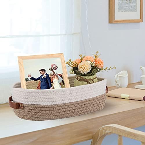 2 Pack Cotton Rope Bathroom Decor Basket,Toilet Paper Holder Basket,Farmhouse Home Decor Organizing Baskets 13"x5.9"x4" Brown Stitching White - Image 4