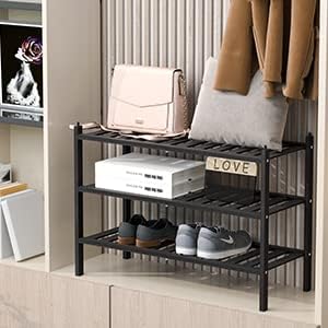 Dranixly Shoe Rack, 3-Tier Bamboo Stackable Shelf Storage Organizer, Stand for Closet, Entryway, Hallway, Bathroom and Living Room（Black） - Image 5