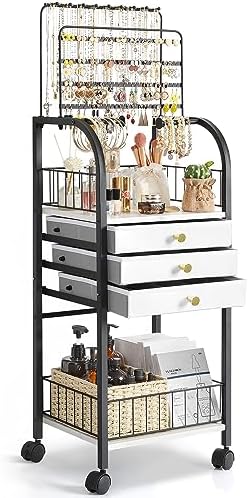 Keebofly Large Jewelry Organizer Stand with 3 Drawers, Floor Display Holder with Necklace, Earring, Bracelet, Ring Storage — Rolling Armoire Tower for Bedroom or Closet (Black) by Keebofly