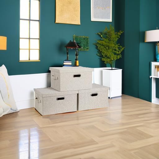 Graciadeco Medium 15" 21 Quart Collapsible Stackable Storage Bins with Lids, 3 Packs Beige Foldable Fabric Closet Boxes Heavy-duty Linen Cube Baskets Container for Bedroom Office (15 x 11 x 8) - Image 5