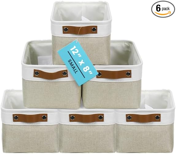 OrganiHaus Small Fabric Storage Baskets 6 Pack, 12x8in Cloth Storage Bins for Shelves, Small Baskets for Organizing Pantry Closet, Canvas Shelf Baskets, Beige/Off-White by OrganiHaus