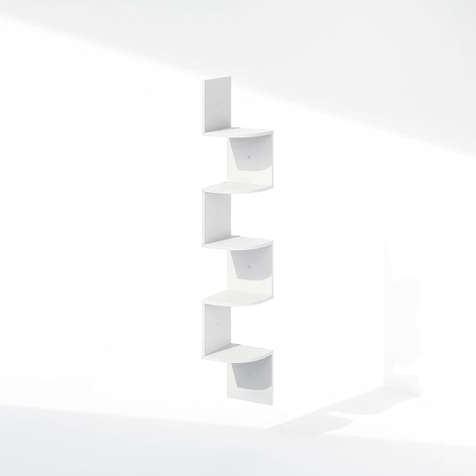 Furinno Rossi 5-Tier Floating Corner Shelf for Wall, Corner Zigzag Shelf Wall Mounted, Radial Wall Mount Shelves, for Home Office, Living Room, Bedroom, Bathroom, White - Image 5