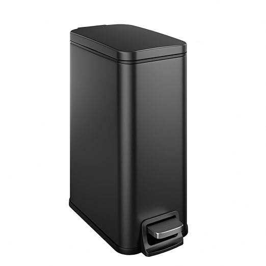 Bathroom Trash Can with Lid Slim 1.6 Gallon Stainless Steel Garbage Can with Removable Inner Bucket Soft Close Lid Durable Step Pedal Trash Bins for Toilet Bedroom Office (Matte Black, 1.6 Gallon) by Veelesa