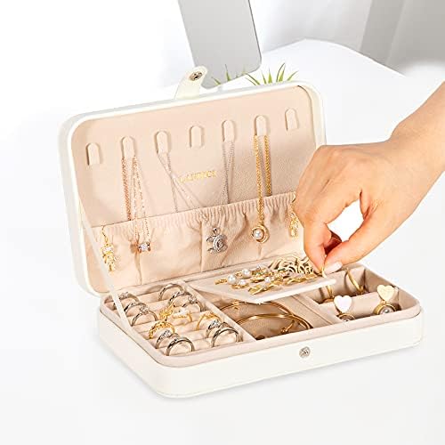 LANDICI Small Jewelry Box for Women Girls, PU Leather Travel Jewelry Case, Portable Jewelry Organizer Storage Holder Display for Ring Earrings Necklace Bracelet Bangle Men Kids Gift, White - Image 5