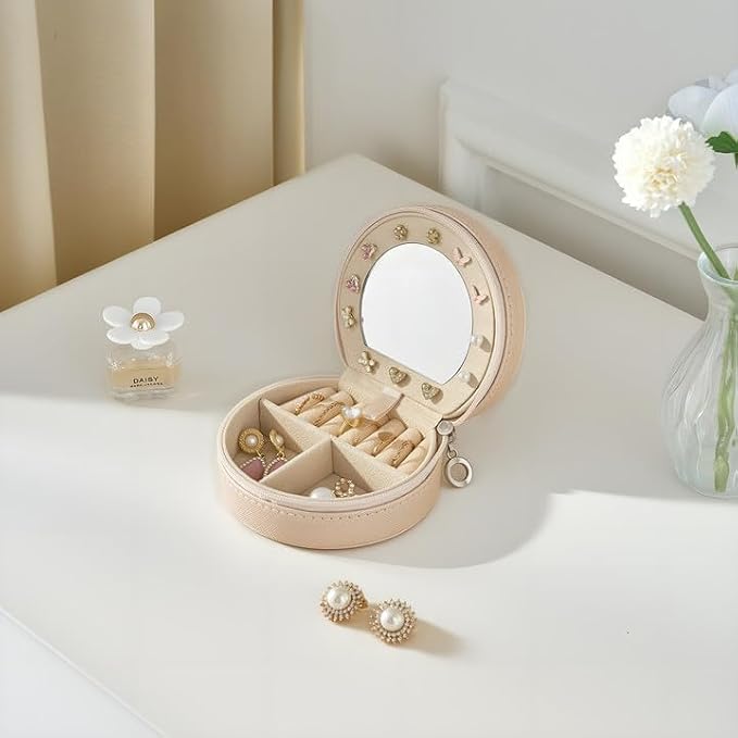ProCase Travel Size Jewelry Box, Mini Portable Seashell-Shaped Jewelry Case with Mirror, 2 Layer Organizer in PU Leather for Women -Champagne - Image 7