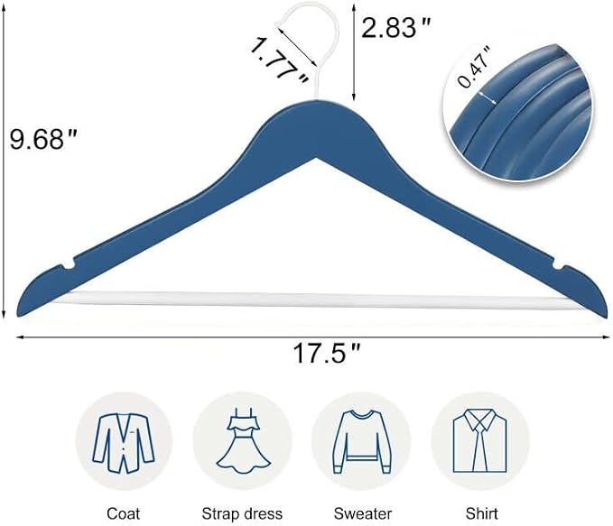 TOPIA HANGER Premium Wooden Hangers with Non-Slip Pant Bar, 360°Swivel Hook and Shoulder Notches, 16 Pack Solid Wood Clothes Hangers for Suit, Coat, Jacket, Camisole(Blue/White)-CT35BW1 - Image 2