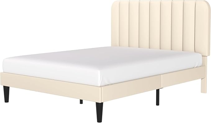 VECELO Full Size Bed Frame with Upholstered Headboard, Velvet Platform Bedframe Mattress Foundation, Strong Wood Slat Support, No Box Spring Needed,Bone Beige