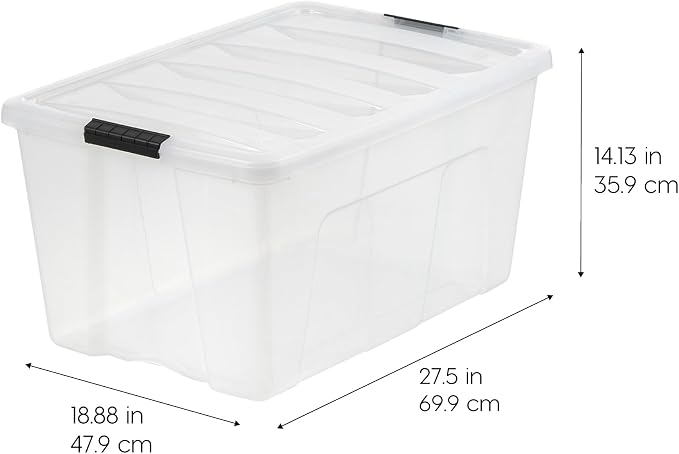 IRIS USA 94 Qt Stackable Plastic Storage Bins with Lids, 4 Pack - BPA-Free, Made in USA - See-Through Organizing Solution, Latches, Durable Nestable Containers, Secure Pull Handle - Clear - Image 2