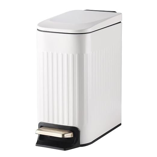 SYNCVIBE Slim Bathroom Trash Can with Lid Soft Close, Stainless Steel Garbage Can Step Trash Bin with Removable Inner Bucket for Bedroom, Office, Kitchen (Matt White, 1.8 Gallons) by SYNCVIBE