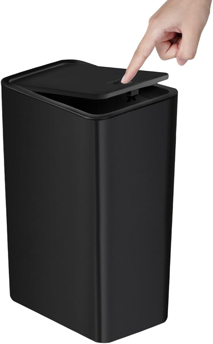 TIPGO Bathroom Trash Can with Lid, 10 Liter/ 2.6 Gallon Slim Garbage Can, Small Trash Bin Waste Basket with Pop-Up Lid for Kitchen, Bedroom, Living Room, Office (Black) by TIPGO