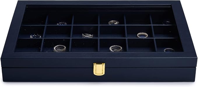 Oirlv Premium Blue Leather 24 Grid Jewelry Tray with Transparent Lid Earrings Rings Organizer Box Stackable Jewelry Box Drawer Inserts Women Gift - Image 7