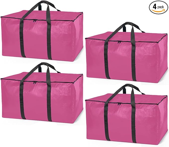 ClearSpace Heavy Duty Moving Bags or Storage Bags – Pink Storage Bins with Lids, Large Moving Boxes with Backpack Straps & Zippers,– Packing Box & Moving Supplies for College Dorm, 4 Pack