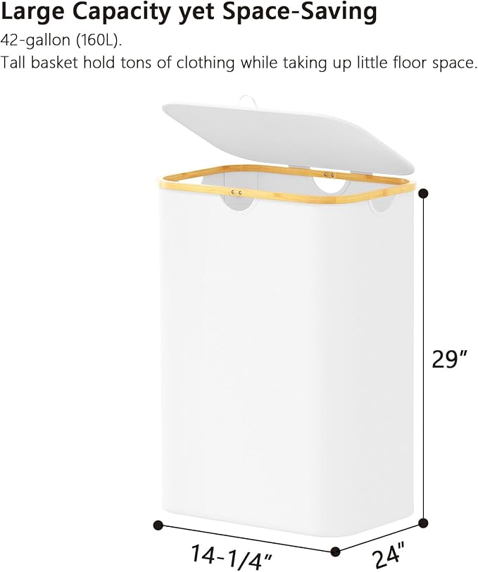 SpaceAid Double Laundry Hamper 2 Section with Lid and Removable Laundry Bags, 160L Clothes Basket with Bamboo Handles, Large Collapsible Hamper for Bedroom, Bathroom, Dorm, Laundry Room - White - Image 5