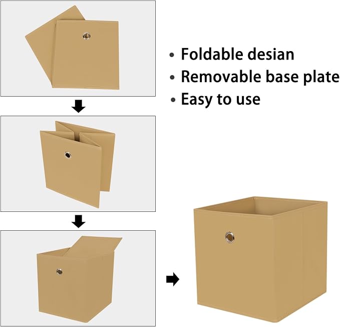 Foldable Storage Cubes Bins ,11 Inch Cloth Storage Cube Fabric Storage Box Cubes Organizer Baskets with Dual Handles for Home Organizer Set of 3 (Khaki) - Image 6