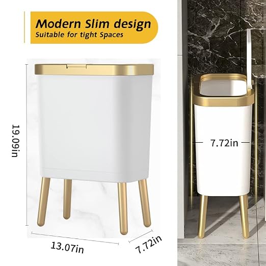 Procade Bathroom Trash Can with Lid, Plastic Garbage Can with Legs, 4 Gallon Gold Trash Bin with Push Button, Narrow White Trash Can Waste Basket for Bedroom, Living Room,Office，Dog Proof Trash Bin - Image 3