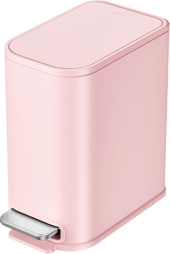Cesun Small Bathroom Trash Can with Lid Soft Close, Step Pedal, 5 Liter / 1.3 Gallon Stainless Steel Garbage Can with Removable Inner Bucket, Waste Basket for Bathroom, Bedroom (Pink) by Cesun