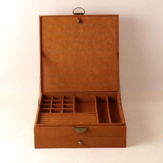 Women Jewelry Box Lockable 3 Layers Large Jewelry Organizer Storage Case for Earrings Necklaces Rings Bracelets,Green Display Jewel Holder (Caramel) - Image 2