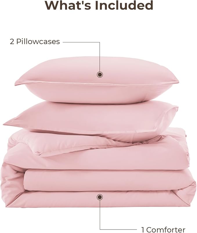 Litanika Pink Comforter Set Queen Size, 3 Pieces Lightweight Soft Fluffy Solid Bedding Set, All Season Bed Set (90x90In Comforter & 2 Pillowcases)