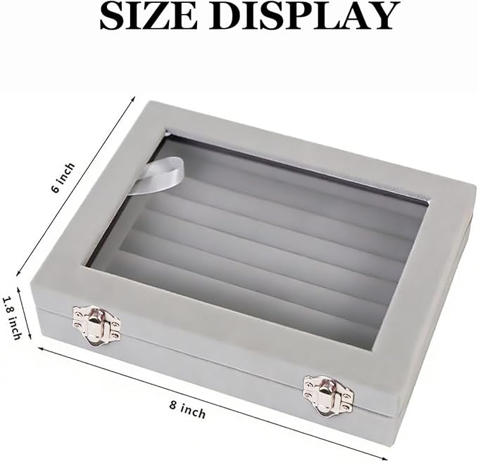 Jewelry Box Rings Organizer Tray 7 Slots Velvet Jewelry Earring Storage Box With Transparent Lid Jewelry Display Case for Girls Women (Gray) - Image 2