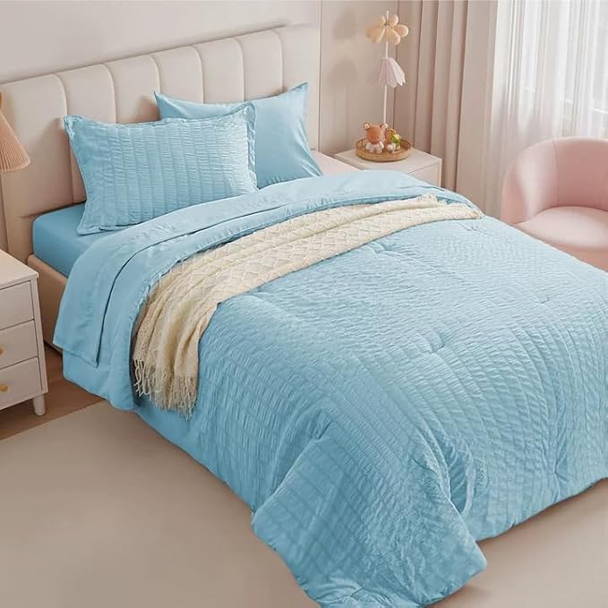 Zzlpp Twin Comforter Set 5 Pieces, Light Blue Seersucker Bed in a Bag with Comforter and Pillowcase, All Season Bedding Sets with 1 Comforter, 1 Pillow Sham, 1 Flat Sheet, 1 Fitted Sheet