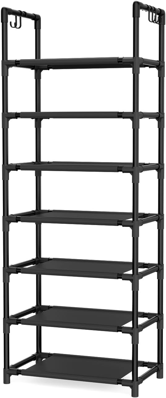 LANTEFUL 7 Tiers Shoe Rack 18-20 Pairs Boots Organizer Storage Sturdy Narrow Shoe Shelf for Entryway, Closets with Hooks, Black - Image 8