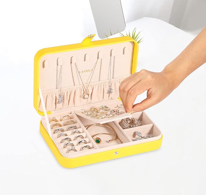 LANDICI Small Jewelry Box for Women Girls, PU Leather Travel Jewelry Organizer Case, Portable Jewellery Storage Holder Display for Ring Earrings Necklace Bracelet Bangle Watch Men Kids Gift, Yellow - Image 5