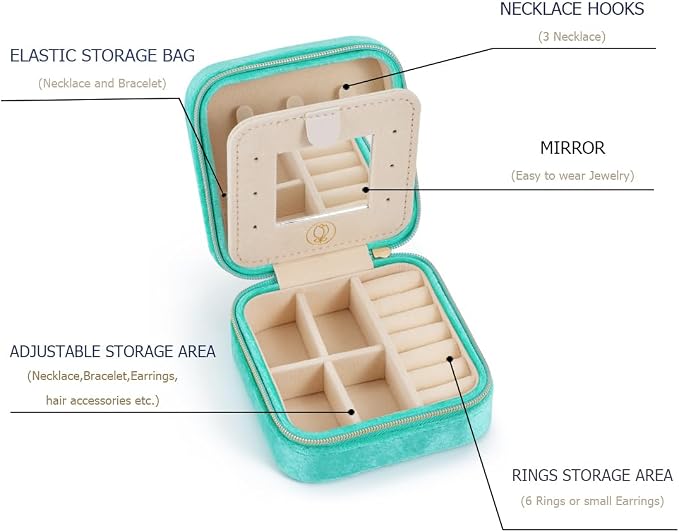 Plush Velvet Jewelry Travel Case,Small Jewelry Box,Traveling Jewelry Organizer, Portable Jewellery Storage Holder for Rings Earrings Necklace Bracelet, for Girls Women | CyanBlue-With Mirror - Image 5