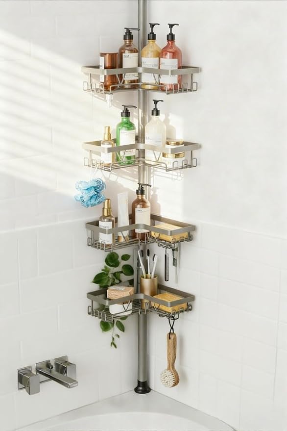 KEGII Shower Caddy Tension Pole, 4-Tier Rustproof Adjustable Corner Bathroom Organizer for Renters, 25–114.2 Inch No Drill Space-Saving Shower Storage Rack, Silver Gray by KEGII