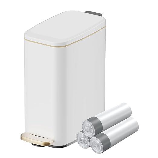 KUK Slim Bathroom Trash Can with Lid, 1.6 Gal / 6L Stainless Steel Small Garbage Bin with Detachable Inner Bucket, Step Pedal, Silent Close, Wastebasket for Toilet, Bedroom, Home, Office (White) by KUK