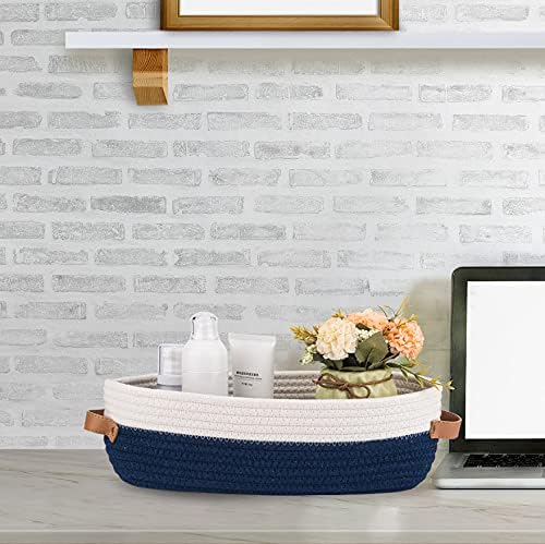 Toilet Basket,Woven Storage Basket for Toilet Tank Top Farmhouse Home Decor Organizing Baskets 13"x5.9"x4" Navy Stitching White - Image 6