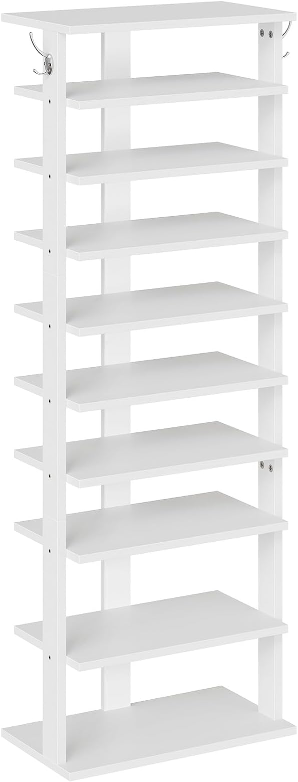 HOOBRO 10 Tiers Vertical Shoe Rack, Wooden Shoe Storage Organizer with Hooks, Narrow Shoe Tower for 20 Pairs, Space Saving, for Entryway, Living Room, Bedroom, White WT140XJ01 by HOOBRO