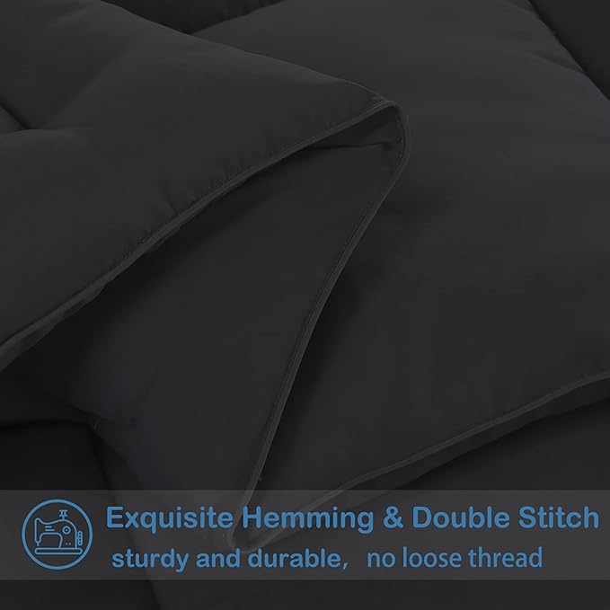 EASELAND Twin Size Down Alternative Comforter - Quilted Duvet Insert for All Seasons, Soft Lightweight with Corner Tabs, Summer Winter Warm Bedding, Black 64×88 Inches
