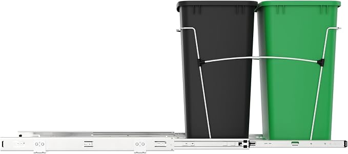 Rev-A-Shelf RV-18KD-1918C-S Double Pullout Trash Can for Kitchen Cabinets 35 Quart Garbage Recycling Bin Container on Full Slides, Green/Black - Image 7