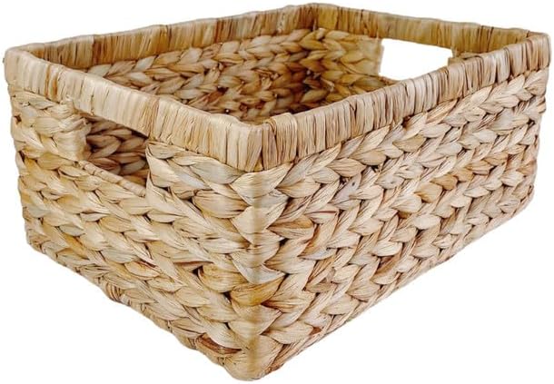Large Rectangular Handwoven Wicker Basket - Natural Water Hyacinth Storage Baskets with 2 Built-in Handles - Ideal for Towel, Blankets, and Home Organizer & Decor - 15"x 11"x6.75" - Brown by Pixoframe