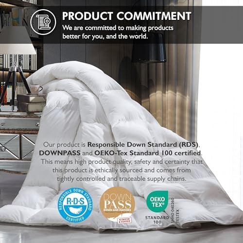 Luxurious Queen Size Goose Down Fiber Waterfowl Feather Fiber Comforter (90"x90"), Fluffy, Ultra Soft, Breathable Comforter Duvet Insert, All Season 48 oz. Fill Weight, Baffle Box Design (White Solid)