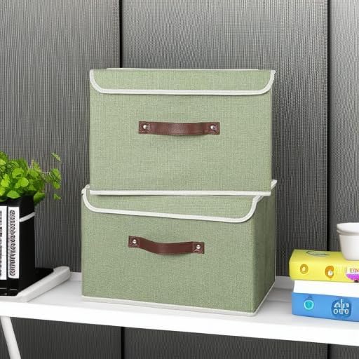 ANMINY 2PCS Storage Bins with Lid PU Leather Handles Storage Boxes PP Plastic Board Decorative Foldable Lidded Cotton Linen Fabric Home Cubes Baskets Closet Organizer Containers - Green, Large Size - Image 5