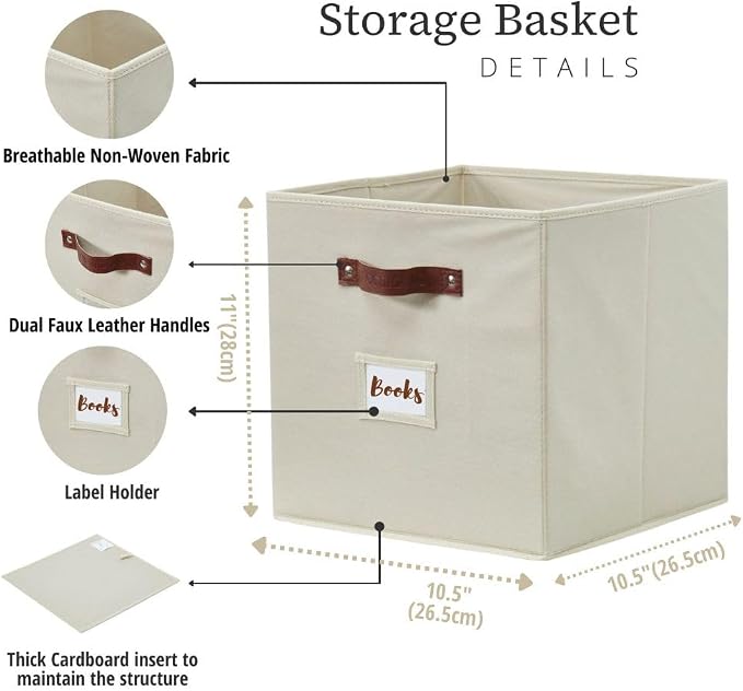 DECOMOMO Storage Bins, Cube Storage Bin with Labels, Fabric Storage Cubes for Shelves (10.5" x 11" / 2pcs, Beige) - Image 3