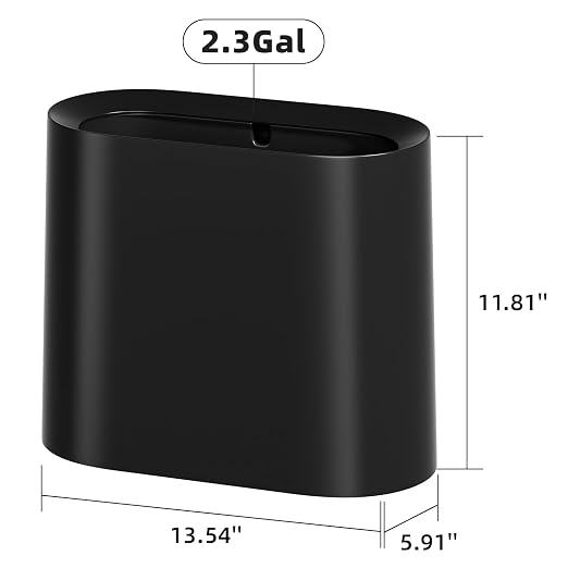 SUBEKYU 2.3 Gal Trash Can for Bathroom,Small Office Garbage Can for Kitchen,Slim Rectangular Waste Bin,Plastic,Black - Image 2