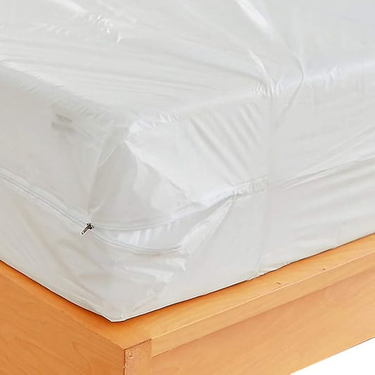 Waterproof Zippered Plastic Mattress Protector Encasement, Vinyl Mattress Bed Cover Proof (Queen Size) White
