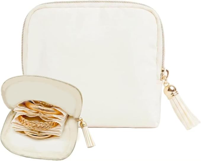 Mini Travel Jewelry Case, Small Jewelry Organizer, Jewelry Travel Case for Women, Portable Travel Jewelry Organizer Bag, Travel Jewelry Box – 5.3 × 5.1 inches (Ivory) by Unknown