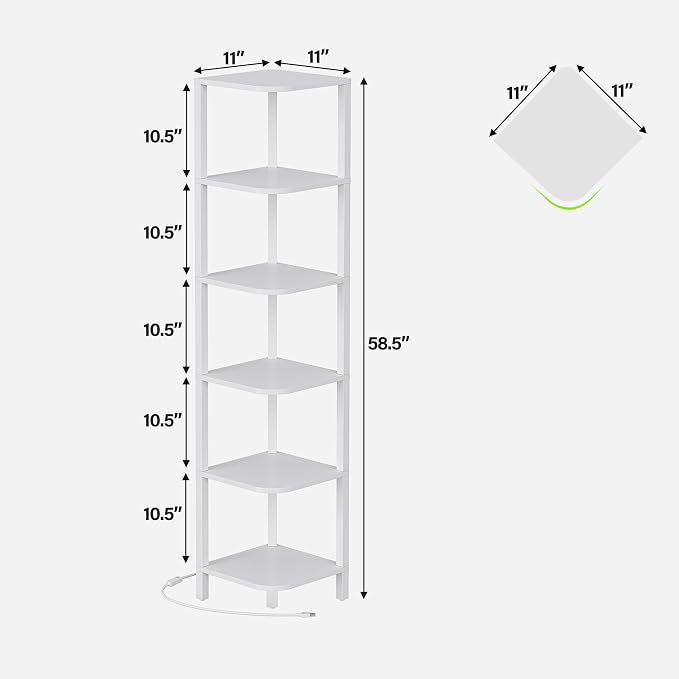TUTOTAK Corner Shelf with LED Light, 6-Tier Corner Bookshelf for Small Space, Narrow Display Corner Shelf Stand with Storage Rack, for Living Room, Bedroom, White BS08BW006L - Image 2