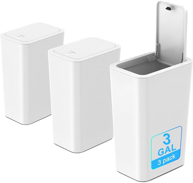 N. NETDOT 3 Pack 3 Gallon Small Trash Can with Lid, Bathroom Garbage Can with Pop-Up Lid, Waste Basket for Bathroom, Kitchen, Bedroom, Powder Room, Craft Room, Office, College (Off White) by NNETDOT