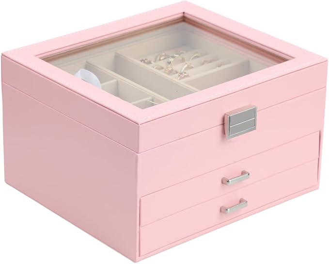 BOOVO Clear Lid Jewelry Box,3 Layers Jewelry Organizer Large Multi-Functional Jewelry Storage Box with 2 Drawers,Jewelry Display Case of Rings Earrings Necklace Bracelets for Women Girls (Pink) by BOOVO