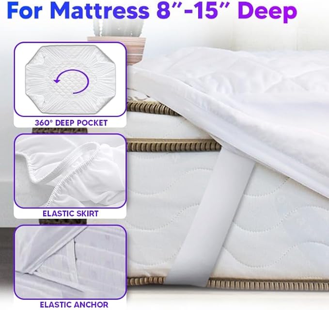 Quilted Fitted Waterproof Mattress Protector King Hotel Grade - 15 Inch Deep Pocket, Non-Allergic, Hollow Fibre Polyester Filling - Machine Washable Mattress Pad, Elastic Fitted Mattress Topper (King)