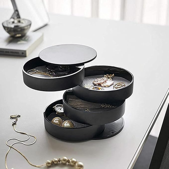Jewelry Organizer Small Jewelry Storage Box 4-Layer Rotating Travel Jewelry Tray Holder for Women Bracelets Rings Bracelets Earrings (Black) - Image 5
