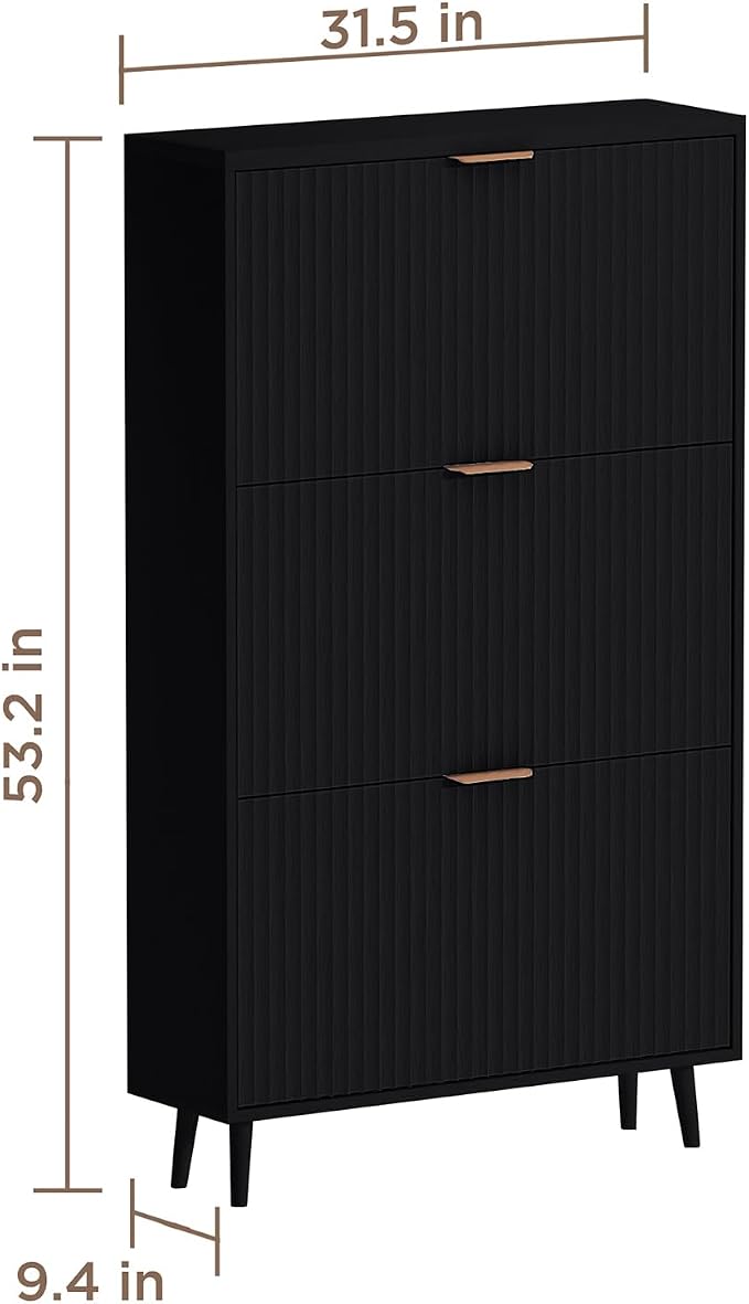 Shoe Cabinet Storage,Modern Freestanding Organizer with 3 Flip Drawers,Narrow Shoe Rack Cabinet for Entryway,Black - Image 2