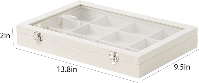 Coward Jewelry Organizer Box, Beige Velvet 12 Grids Bracelet Bangle Necklace Jewelry Display Tray Case with Transparent Glass Lid for Home Drawer Desk or Store Selling Show - Image 6