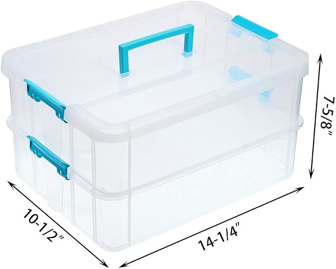 JUXYES 2-Tiers Stack Carry Storage Box With Handle, Transparent Stackable Storage Bin With Handle Lid Latching Storage Container for School & Office Supplies (Blue) - Image 2