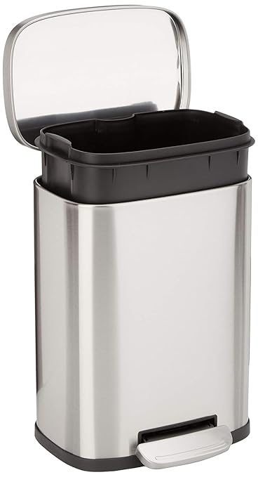 Amazon Basics Smudge Resistant Mini Rectangular Trash Can with Soft-Close Lid, Foot Pedal, Removable Inner Bucket, 5L/1.32 Gal, Brushed Stainless Steel, for Bathroom & Small Space, Satin Nickel Finish by AmazonBasics
