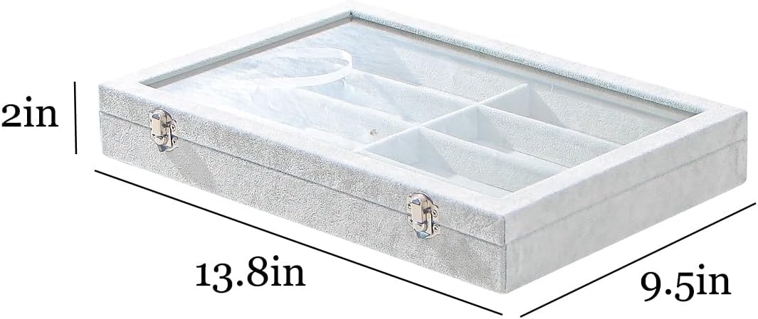 Coward Sunglass Organizer Tray Box, Grey Beige Velvet Eyeglasses Display Tray Case with Transparent Glass Lid for Home Use or Store Shop Selling Show - Image 6